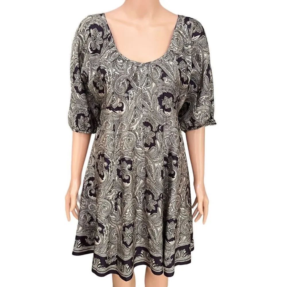 Nine West Dress Purple & Cream Midi 100% Silk Scoop Neck 3/4 Sleeve lined size 4